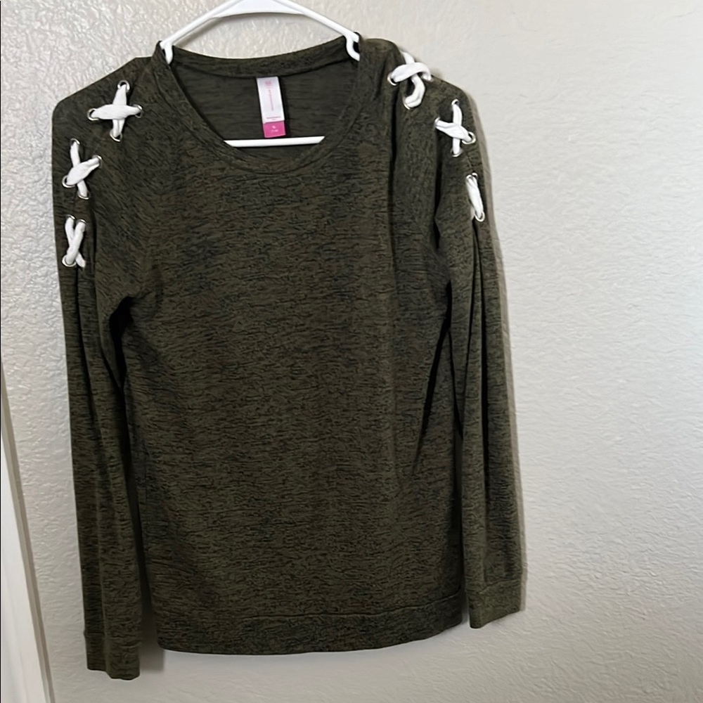 Olive Green Long Sleeve Top with White Lace-Up Detail